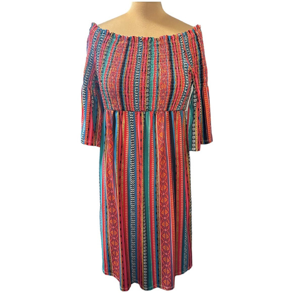 Flying Tomato Midi Dress Size 1X Colorful Smocked Off Shoulder - Picture 1 of 8